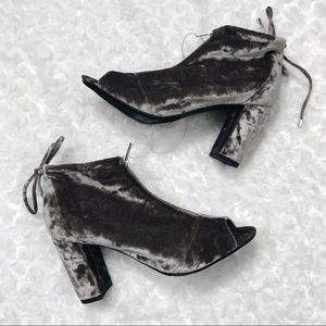 New Report Gray Crushed Velvet Zip Peep Toe Bootie